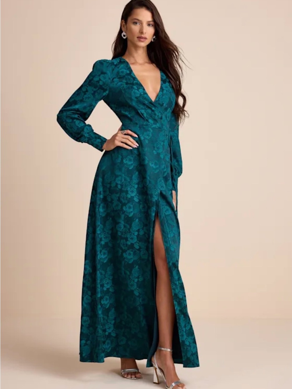 Lulu's Teal Floral Wrap Maxi Gown with Slit